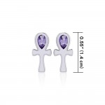 Silver Ankh Post Earrings with Amethyst Gemstones