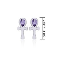 Silver Ankh Post Earrings with Amethyst Gemstones