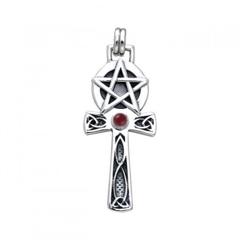 Celtic Knot Pentagram Ankh with Garnet Pendant