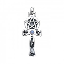 Celtic Knot Pentagram Ankh with Rainbow Moonstone Pendant