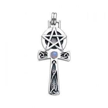 Celtic Knot Pentagram Ankh with Rainbow Moonstone Pendant