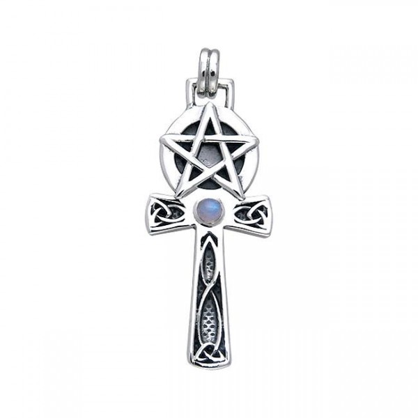 Celtic Knot Pentagram Ankh with Rainbow Moonstone Pendant