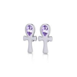 Ankh Post Earrings with Amethyst Gemstones