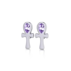 Silver Ankh Post Earrings with Amethyst Gemstones