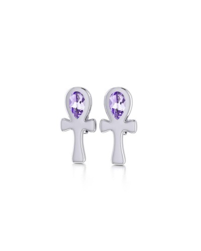 Silver Ankh Post Earrings with Amethyst Gemstones