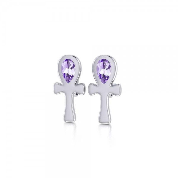 Silver Ankh Post Earrings with Amethyst Gemstones