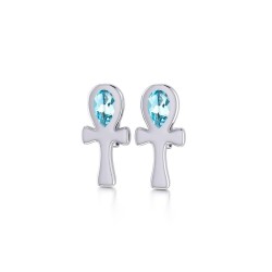 Silver Ankh Post Earrings with Blue Topaz Gemstones