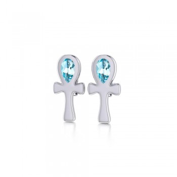 Silver Ankh Post Earrings with Blue Topaz Gemstones