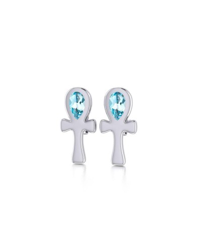 Silver Ankh Post Earrings with Blue Topaz Gemstones