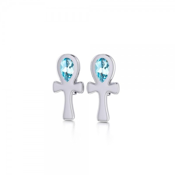 Silver Ankh Post Earrings with Blue Topaz Gemstones