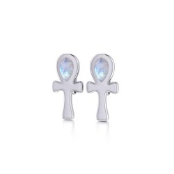 Silver Ankh Post Earrings with Rainbow Moonstone Gemstones
