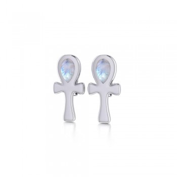 Ankh Post Earrings with Rainbow Moonstone Gemstones