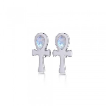 Silver Ankh Post Earrings with Rainbow Moonstone Gemstones