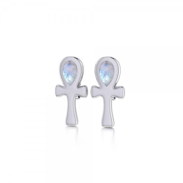 Silver Ankh Post Earrings with Rainbow Moonstone Gemstones