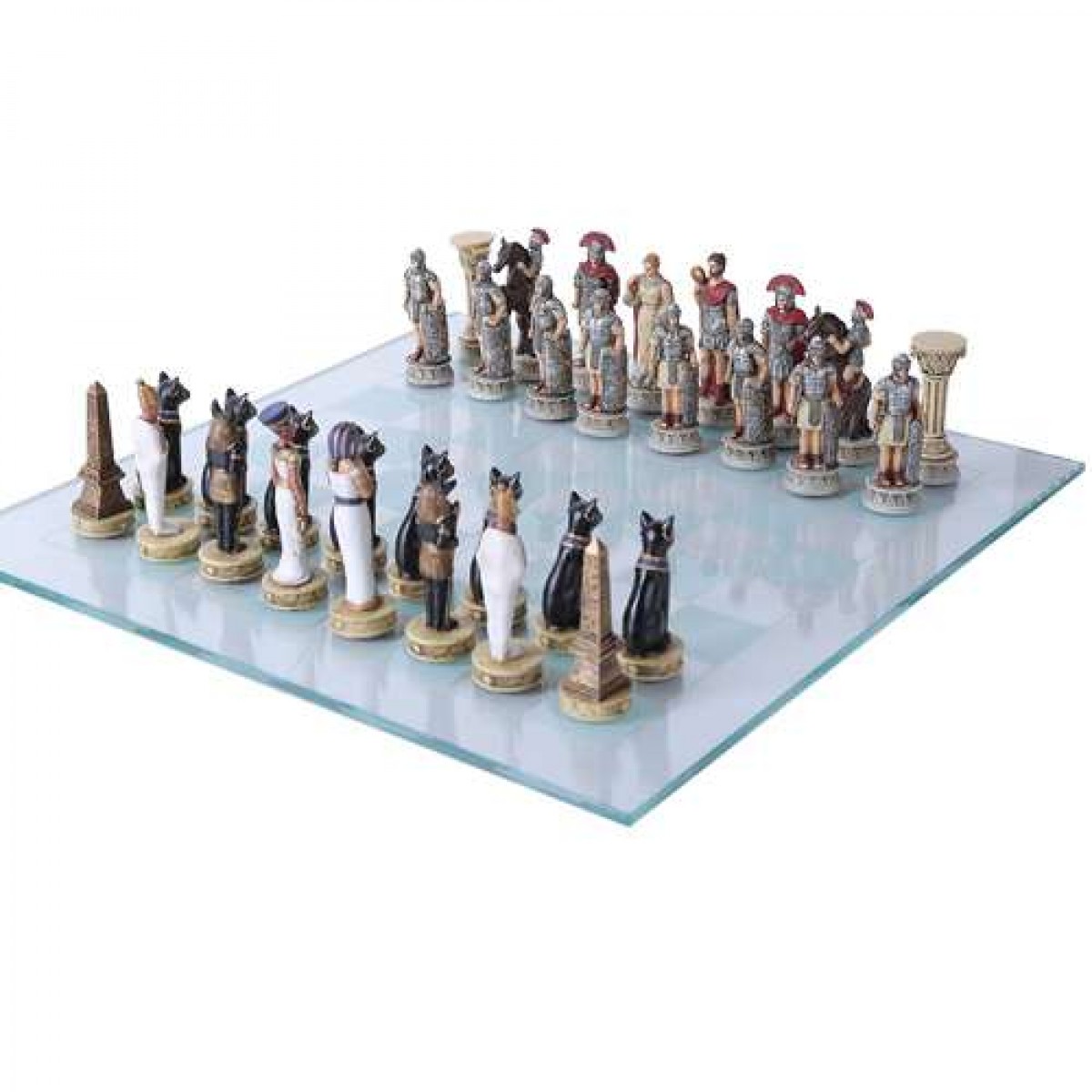 Romans vs Egyptians Chess Set with Glass Board - 3 3/4 Inch High