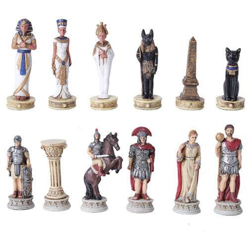 Resin Pharaoh Egyptian VS Caesar Roman Empire Chess Pieces With Glass Board 17"H 