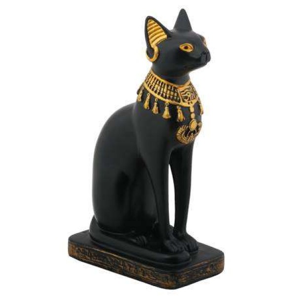 Bastet Black Cat with Lotus Collar Statue