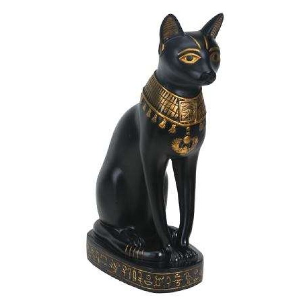 Bastet Black Cat with Gold Necklace Statue