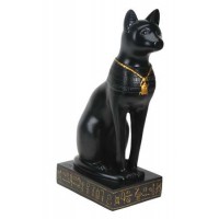Bastet Black Cat with Scarab Necklace Statue