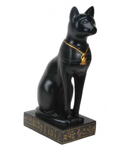Bastet Black Cat with Scarab Necklace Statue