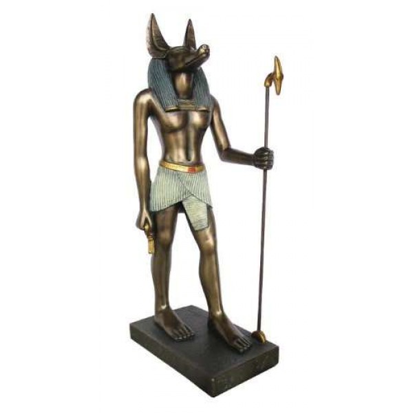 Anubis Bronze Resin Statue with Was Staff - 8.75 Inches