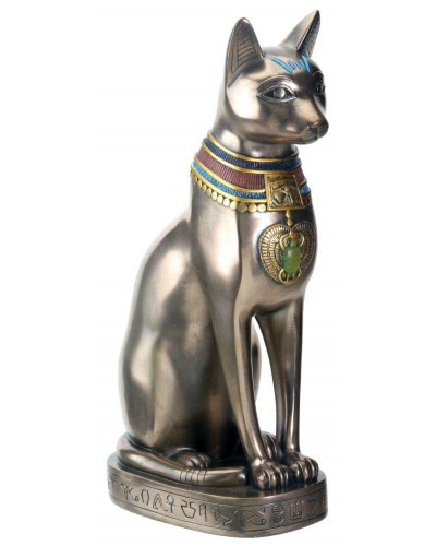 Bastet Bronze Egyptian Cat Goddess Statue wtih Color Jewelry