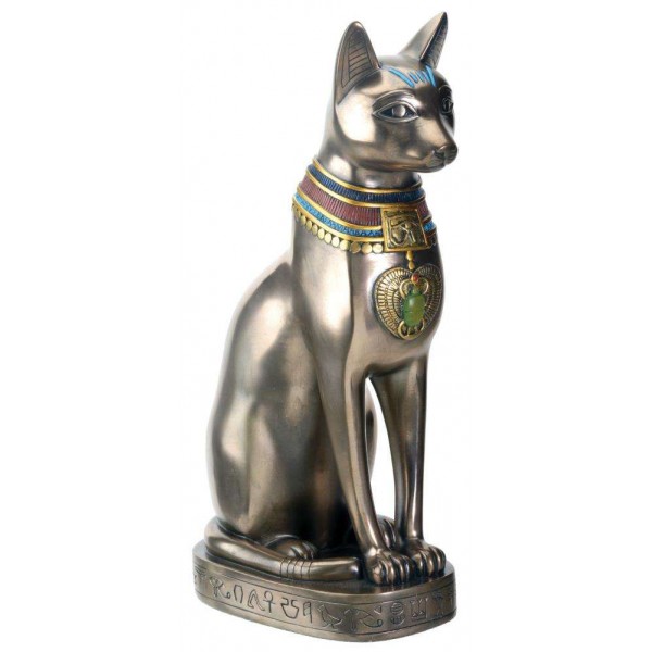Bastet Bronze Egyptian Cat Goddess Statue wtih Color Jewelry
